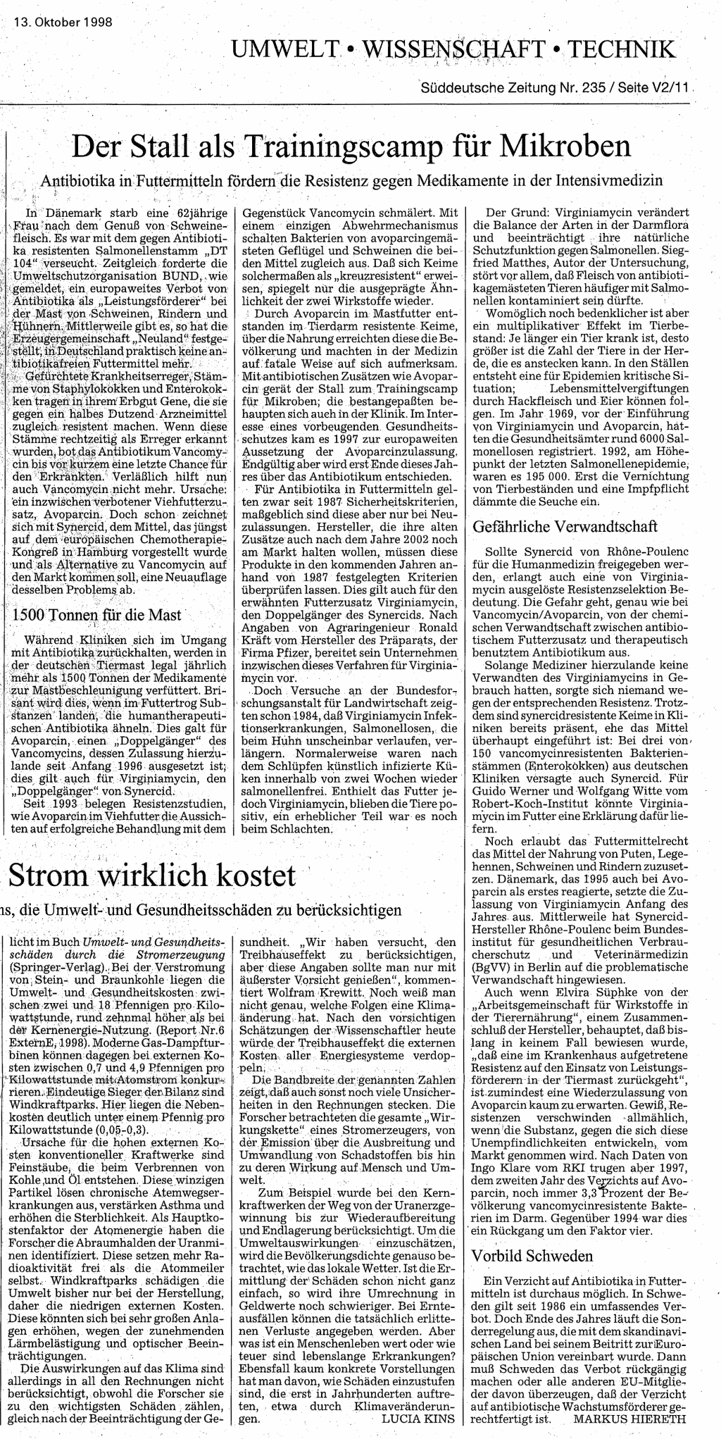 Der Stall als Trainingscamp für
       Mikroben, Süddeutsche Zeitung  vom 13.10.1998